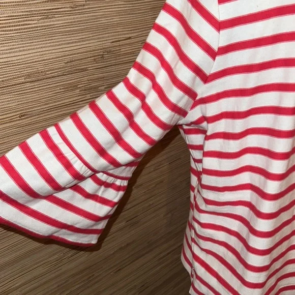 Pure medium cream & coral striped 3/4 bell sleeve French inspired boat neck top - Picture 4 of 6